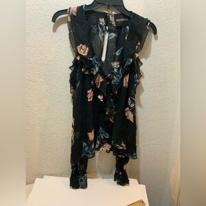NICHOLAS Celeste Cold Shoulder Silk Swiss Dot Blouse, Black Ruffle Floral